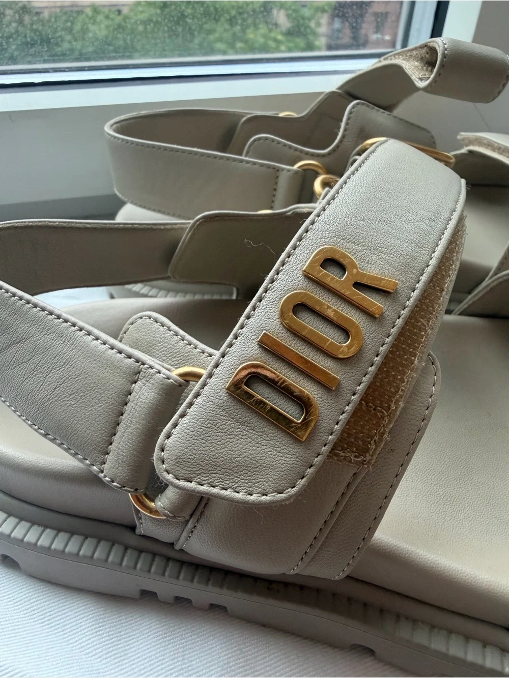 Dior Beige Leather Logo Strap Sandals with Gold Hardware